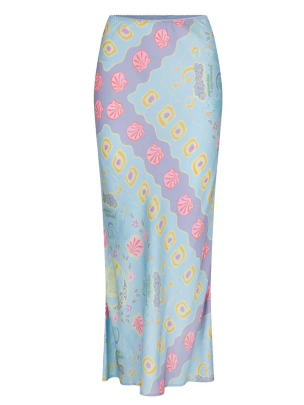 Spell Aquarius Bias Maxi Skirt Sky Blue Small Seashell Pattern Coastal Tencel - Picture 5 of 9
